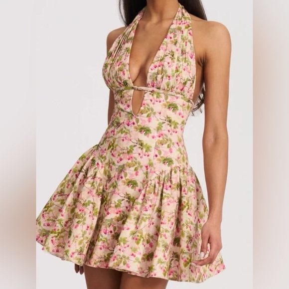 NWT Romantic Floral Halter Mini Dress - Sleeveless Ruffle Skater Look S-L - Picture 2 of 12